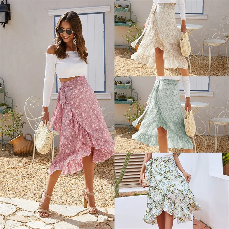 

Ladies Vintage Floral Print Long Summer Skirt Women High Waist Knotted Tied Wrap Ruffle Chiffon A Line Split Woman Skirts Female