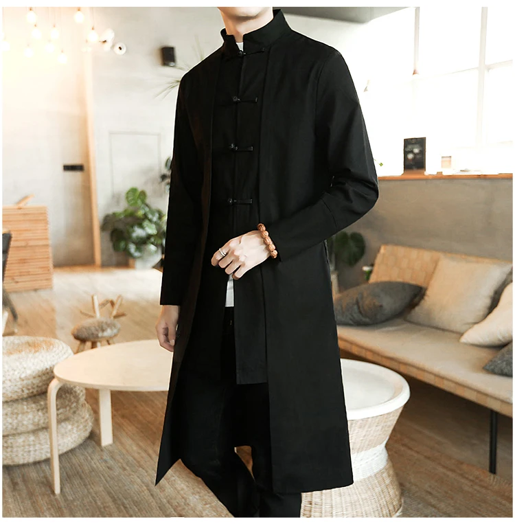 Trench Coat Men Fake two Pieces Cardigan Kimono Coat Male Long Chinese Style Black Loose Vintage Cotton Linen