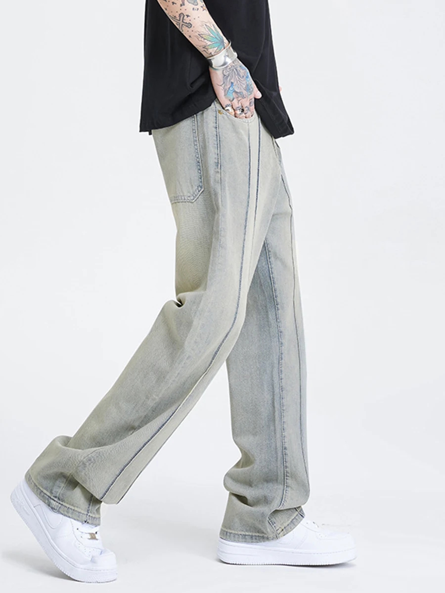 Four Seasons Men's Jeans American High Street Yellowing Ins Loose Stitching Wide Leg Pants Fashion Streetwear Ins Hot Sale JEANS