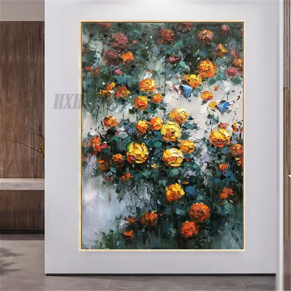 

Современные картины маслом с цветами ручной росписью, цветы, желтая роза, бутон, толстая масляная текстура, картины на холсте, декор для гост...