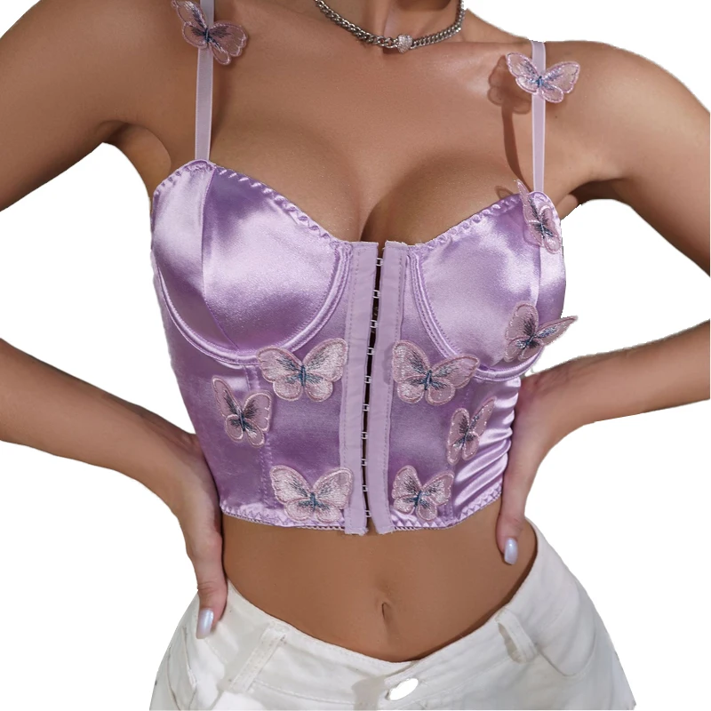 

Женские топы с бабочками и цветочным принтом, сексуальная Элегантная Модная уличная одежда на бретельках, летние футболки-Корсеты с вышивкой, зеленая короткая футболка