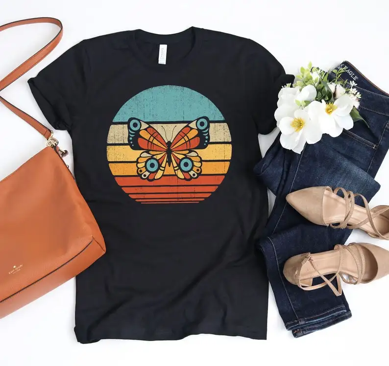 

Butterfly Sunset Retro Shirt Butterfly Shirt Gift for Butterfly Lover Fashion Graphic Cotton O Neck Casual Short Sleeve Tops