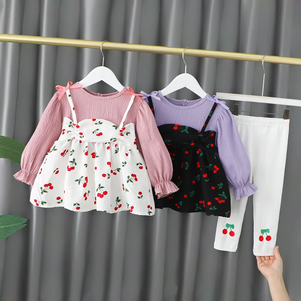

2022 Spring Autumn Baby Sets Children's Clothing Kids 2Pcs Suits Cherry Print Patchwork Blouse Tops + Legging Skinny Trousers