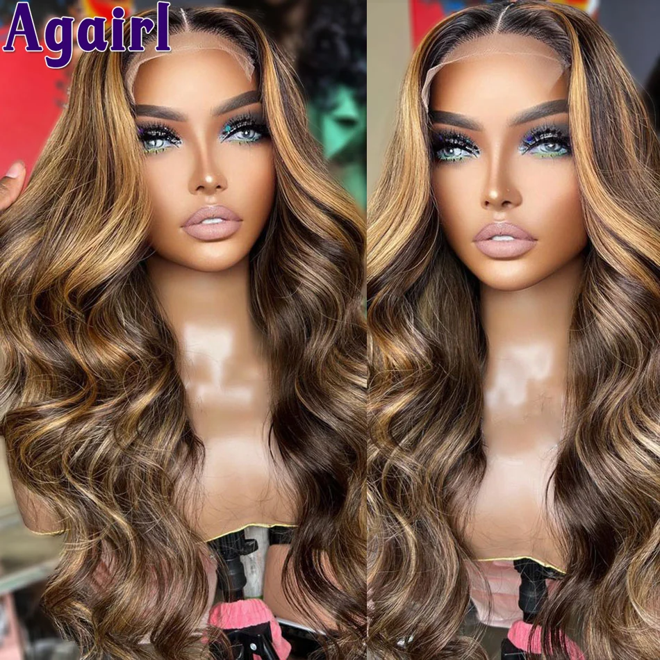

180% Honey Brown Blonde Highlight Human Hair Body Wave Lace Front Wig Peruvian Glueless PrePlucked HD Lace Frontal Wig For Women