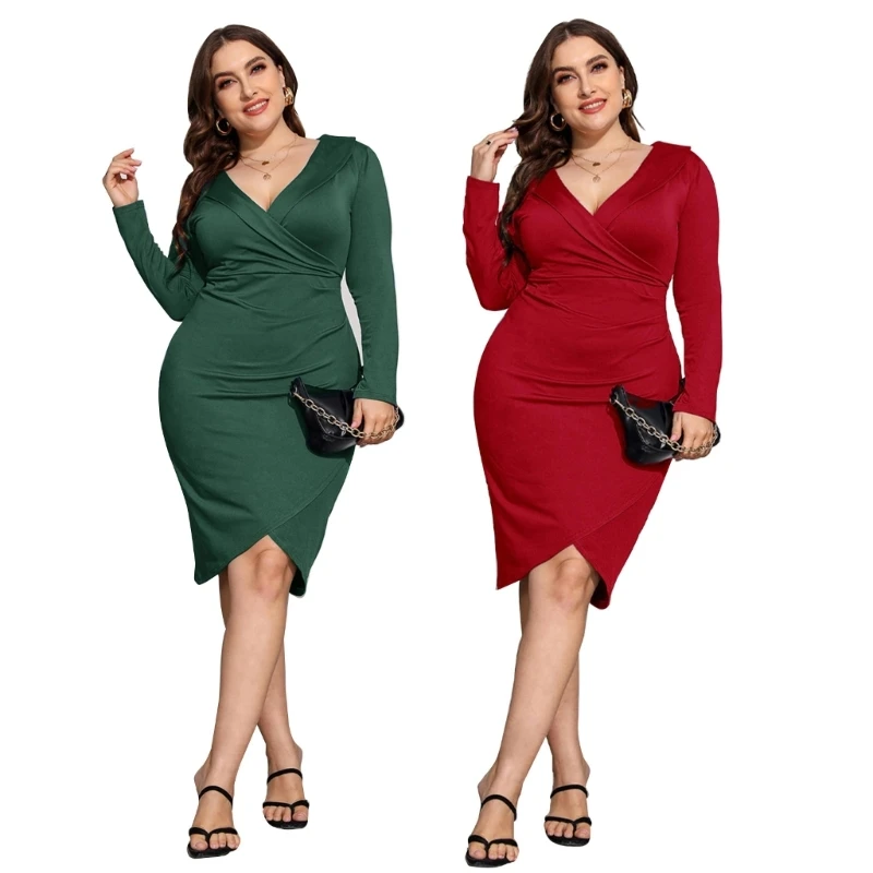 

V-Neck Wrap Long Sleeve Dress Elegant Ruched Cocktail Maxi Dress Evening Banquet Party Oversize Sheath Dress for Girl