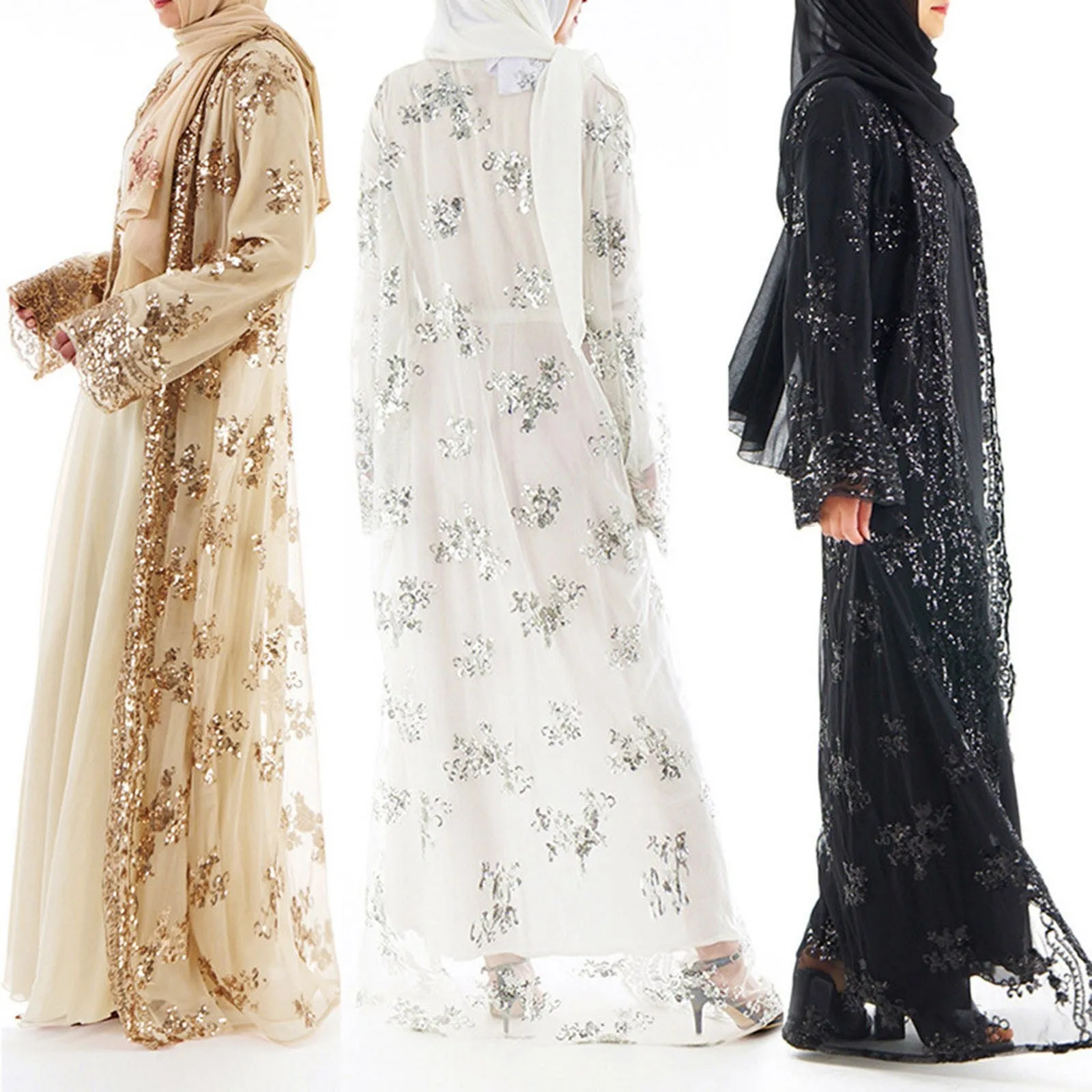 

Floral Sequin Abaya Kimono Cardigan Hijab Muslim Dress Turkish Islamic Clothing Abayas For Women Dubai Kaftan Robe Islam Caftan