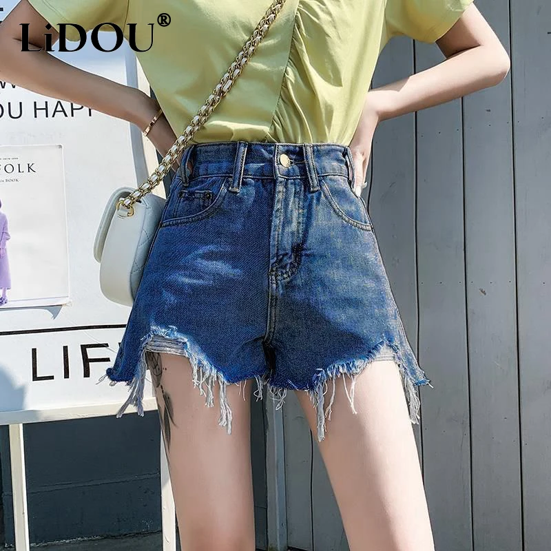 Summer New Fashion High Waist Wide Leg Short Jeans Ladies Loose Casual A-line Streetwear Irregular Denim Shorts Women's Clothing