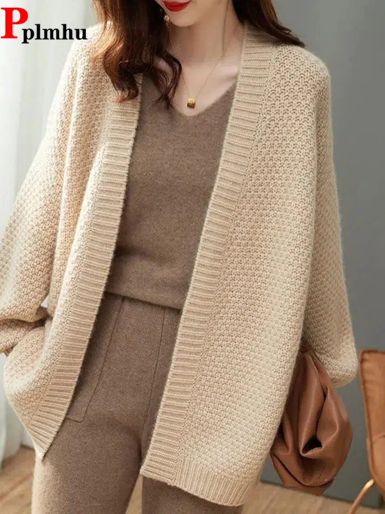 

Элегантные Топы с длинным рукавом, женская повседневная трикотажная одежда, жилет, новинка на осень и зиму, Однотонный свитер, СВОБОДНЫЙ Модный вязаный кардиган в Корейском стиле