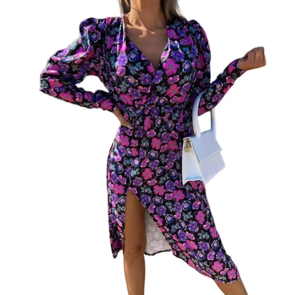 

Женское винтажное вечернее платье макси, облегающее платье с длинным рукавом и разрезом, платье-пуловер с цветочным принтом, платье до сере...