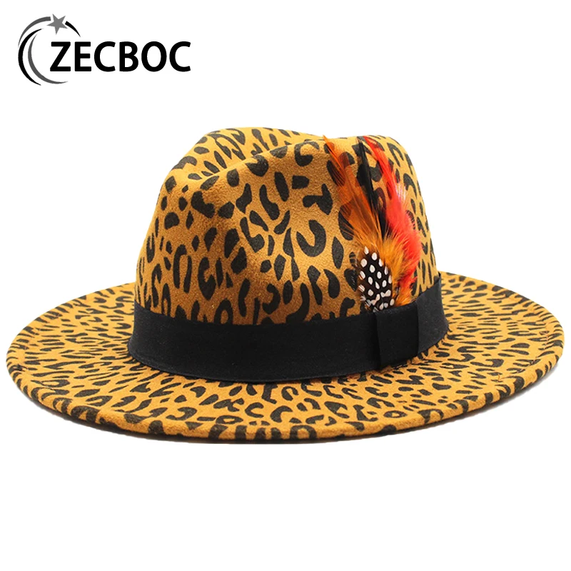 New Fedora Hats For Men Leopard Print Wide Brim Jazz Top Hat Women Vintage Panama Belt Felt Hats Autumn Winte Sombreros De Mujer
