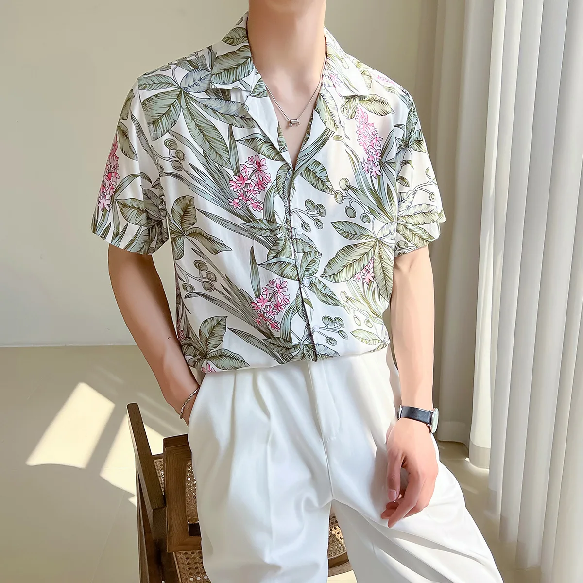 

Mens Tropical Printed Cuban Collar Hawaiian Shirt Summer Short Sleeve Loose Fit Aloha Beach Shirt Holiday Casual Guayabera Shirt
