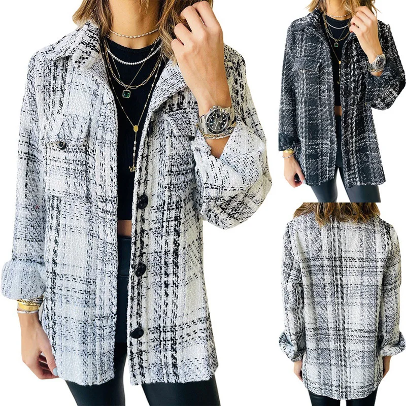 

Осеннее Новое клетчатое пальто, Женский темпераментный свободный жакет в европейском и американском стиле с лацканами, на пуговицах, с длин...
