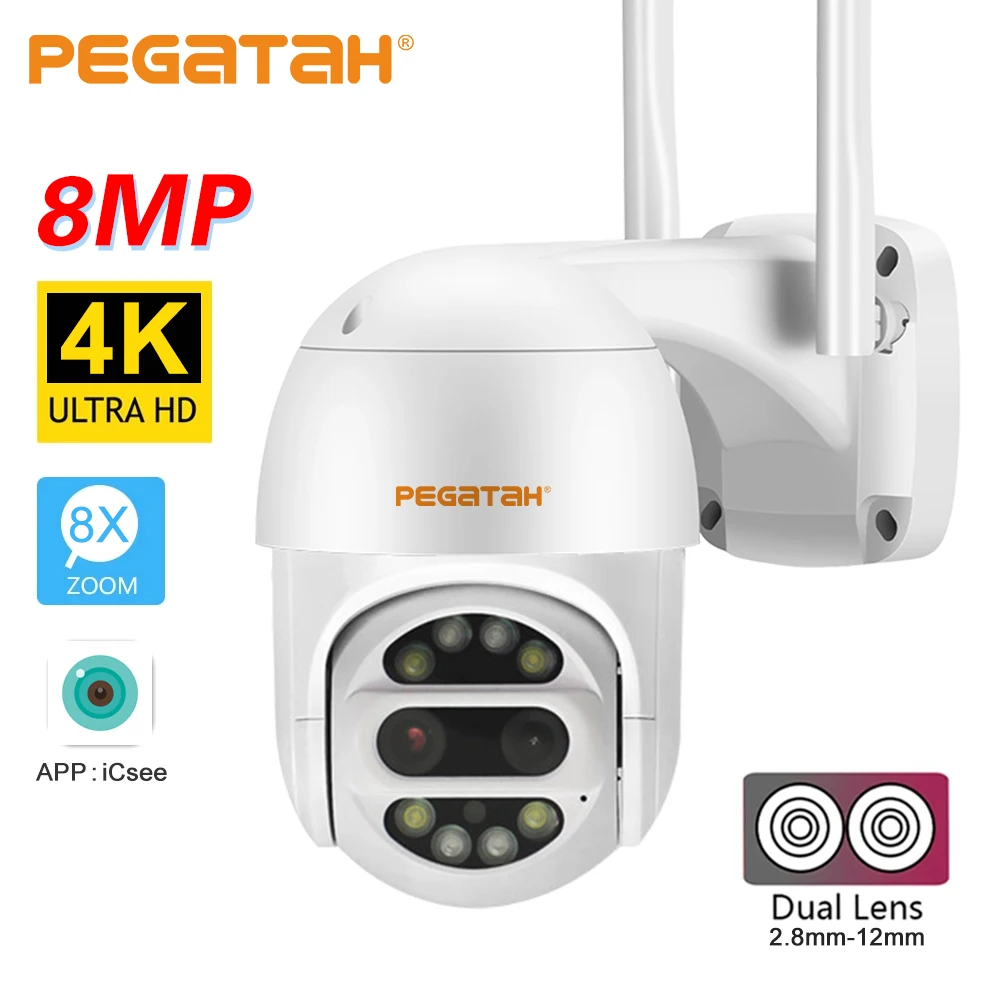 

PEGATAH 8MP 4K Dual Lens WiFi PTZ Camera 8X Zoom AI Human Detection H.265 Outdoor Home Security Video Surveillance Camera ICsee