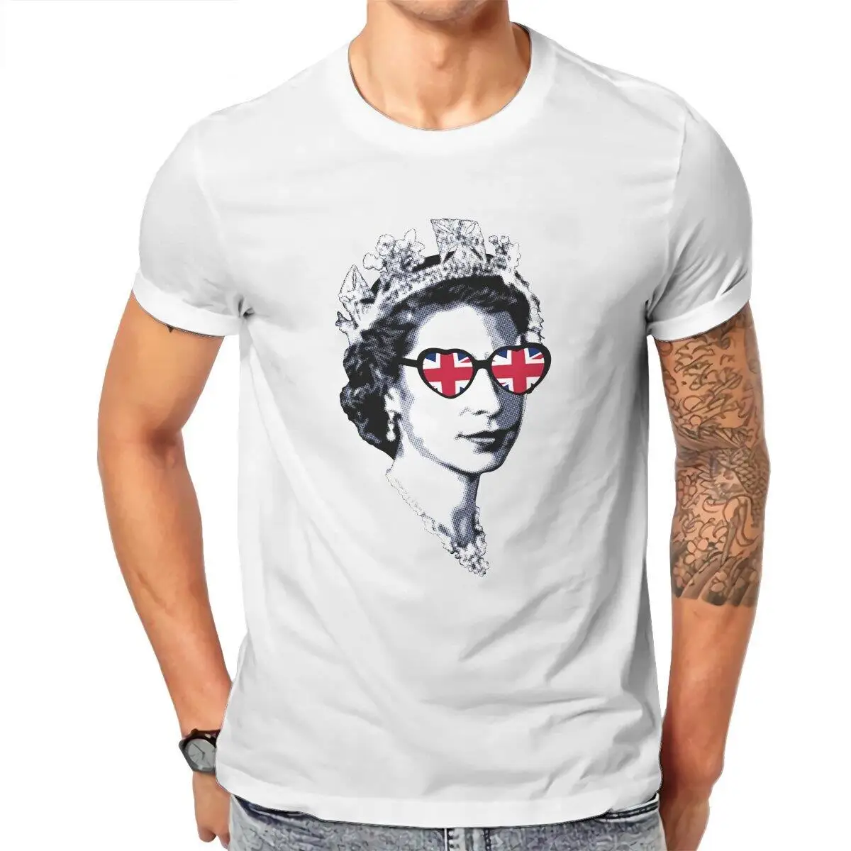 Men Queen Elizabeth II UK Flag Heart Sunglasses T Shirts British Royal Crown Pure Cotton Clothes Vintage Tees Plus Size T-Shirt