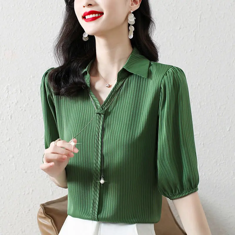 

Шифоновая рубашка для женщин, Новинка лета 2022, рубашки в иностранном стиле с низом, свободная и закрывающая живот, Высококачественная полос...