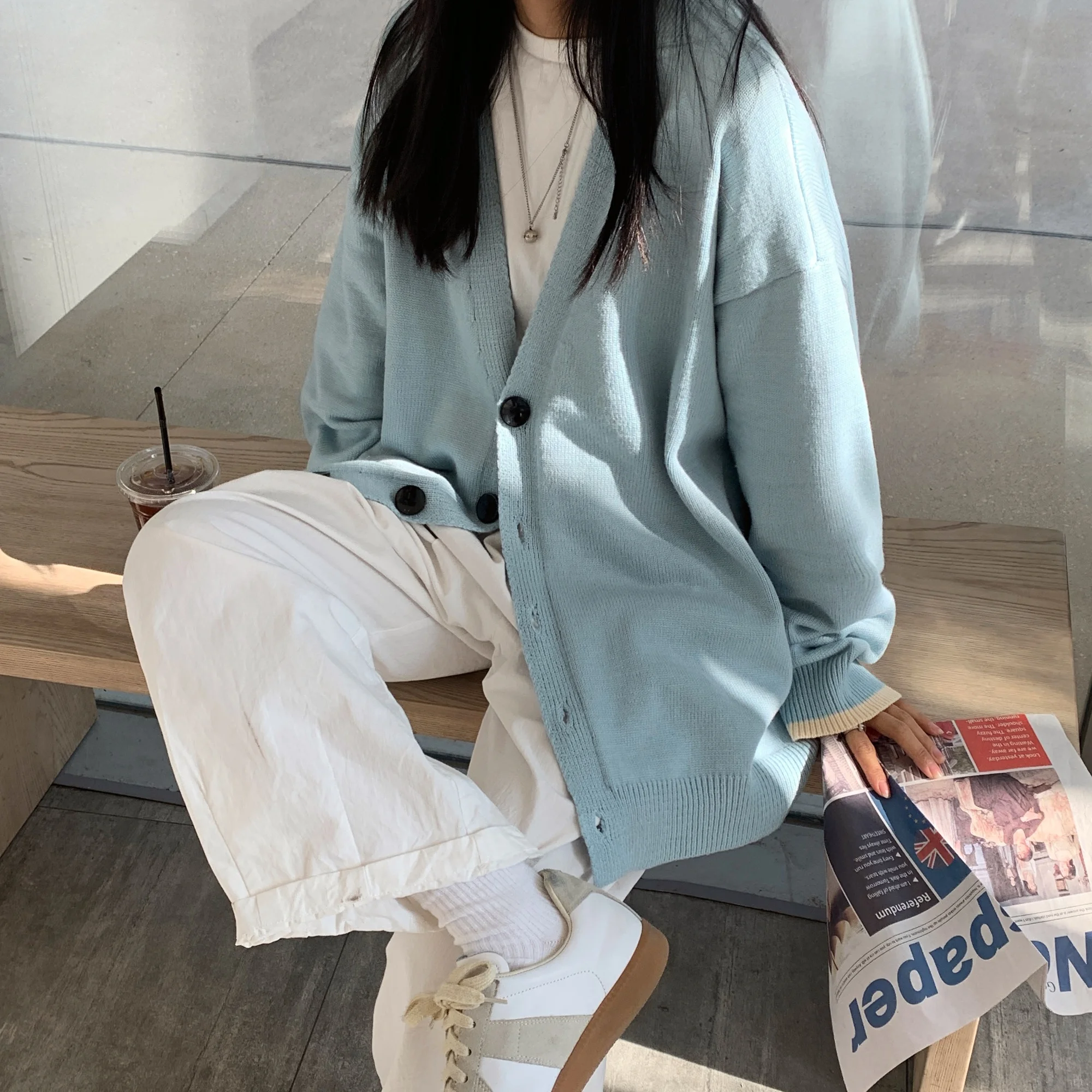 

V-neck Long Sleeve Cardigan Women Knitted Basic Casual Oversized Sweater Autumn Winter Female Ladies Jumpers College Cardigan