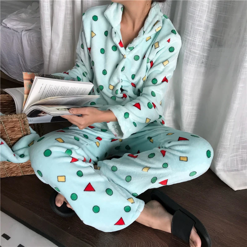Winter Ladies Pajamas Flannel Warm Comfort Soft Cartoon Printed 2 Piece Cardigan Small Lapel Coral Fleece Double Long Homewear