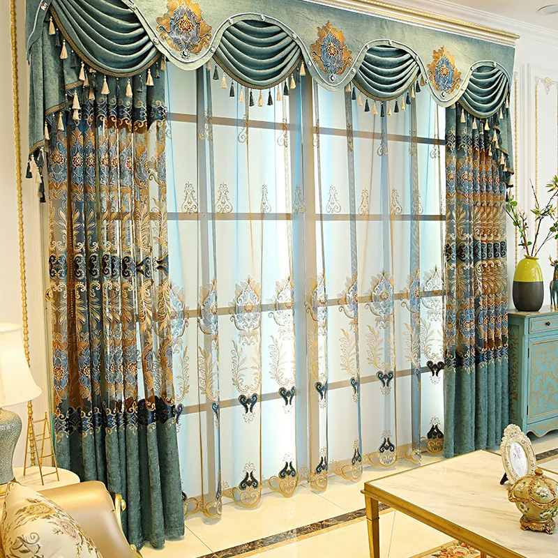 European Style Curtains for Living Dining Room Bedroom Custom Luxury Hollow Embroidered Blue-green Window Curtain Room Decor