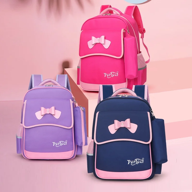 Korean Style Panelled Girls Sweet Princess Backpacks 2022 New Children Cute Bow-knot Waterproof High-capacity Bags with Pen Bag