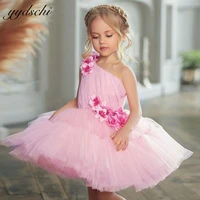 pink baby one shoulder flower girl dress 3d flowers tulle puffy knee length sleeveless first communion birthday party ball gowns