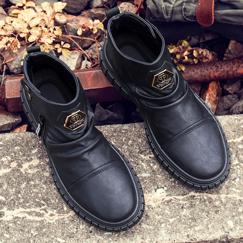 

Men's Autumn Shoes Fashion Leather Boots Side Zipper Platform Boots Men Outdoor High Top Working Booties Zapatos Hombre