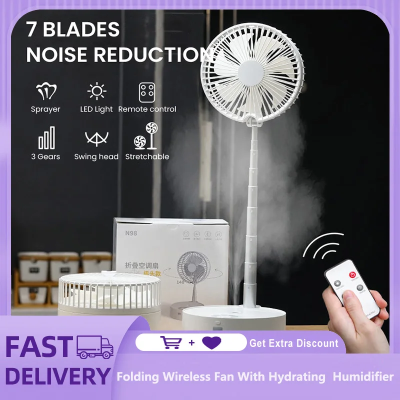 Folding Wireless Fan With Hydrating  Humidifier Air Cooler  Remote Control Type-C Charg Portable Stretchable Mute Operation