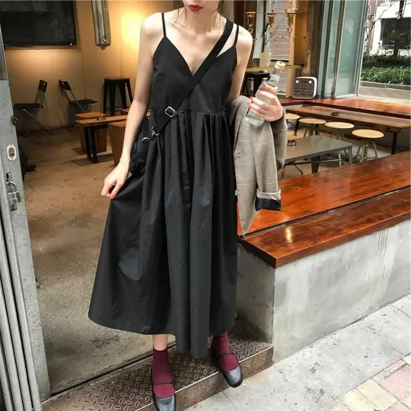 Женское Свободное платье в винтажном стиле черное облегающее летнее с оборками