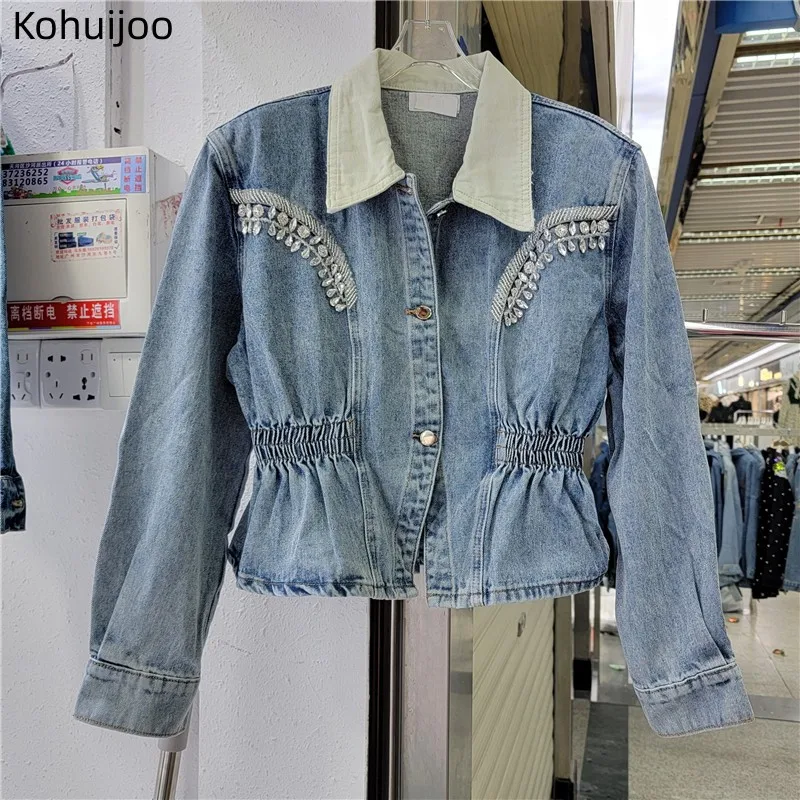

2023 Spring Contrast Color Patchwork Jean Jacket Women Fashion Streetwear Single Breasted Long Sleeve Slim Jeans Coats Diamond