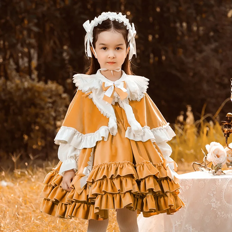 

Осенне-зимнее платье для маленьких девочек, винтажное бальное платье с испанскими помпонами, платье принцессы в стиле "Лолита", детское плат...