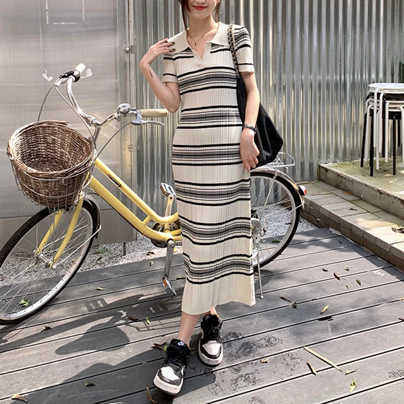 

Винтажное длинное трикотажное платье, модное летнее Полосатое платье-свитер с коротким рукавом, женское тонкое платье