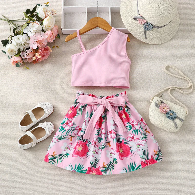 

Ins New Girls Flowers Pink Clothes Sets Toddler Single Side Sling Vest+Skirts 2Pcs Bowknot Dress Suits Children's Beach Outfits