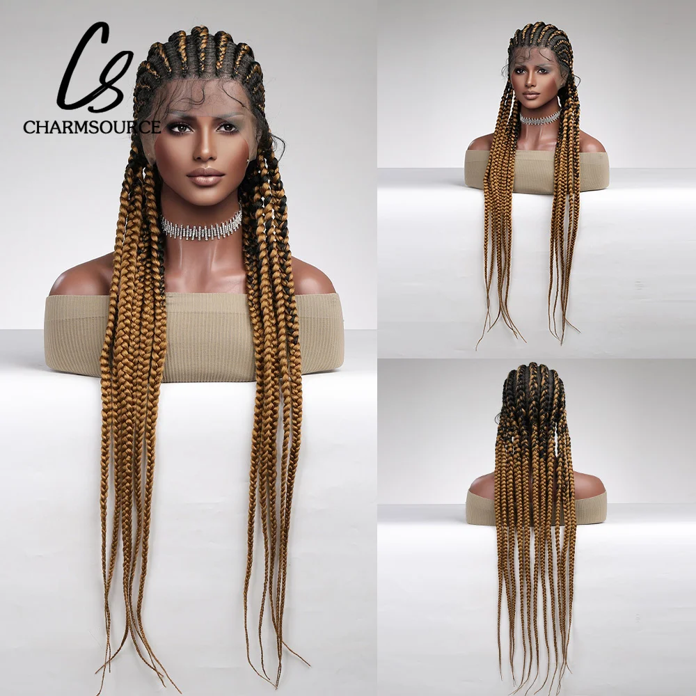 CharmSource Long Braided Lace Front Wig Golden Black Wig Synthetic Wig for Women Cosplay Daily Party Use Hair High Quality