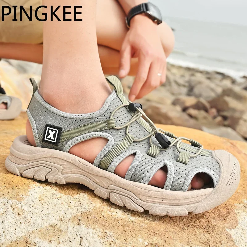 Сандалии PINGKEE мужские с подкладкой из ткани босоножки на шнуровке перекрестными