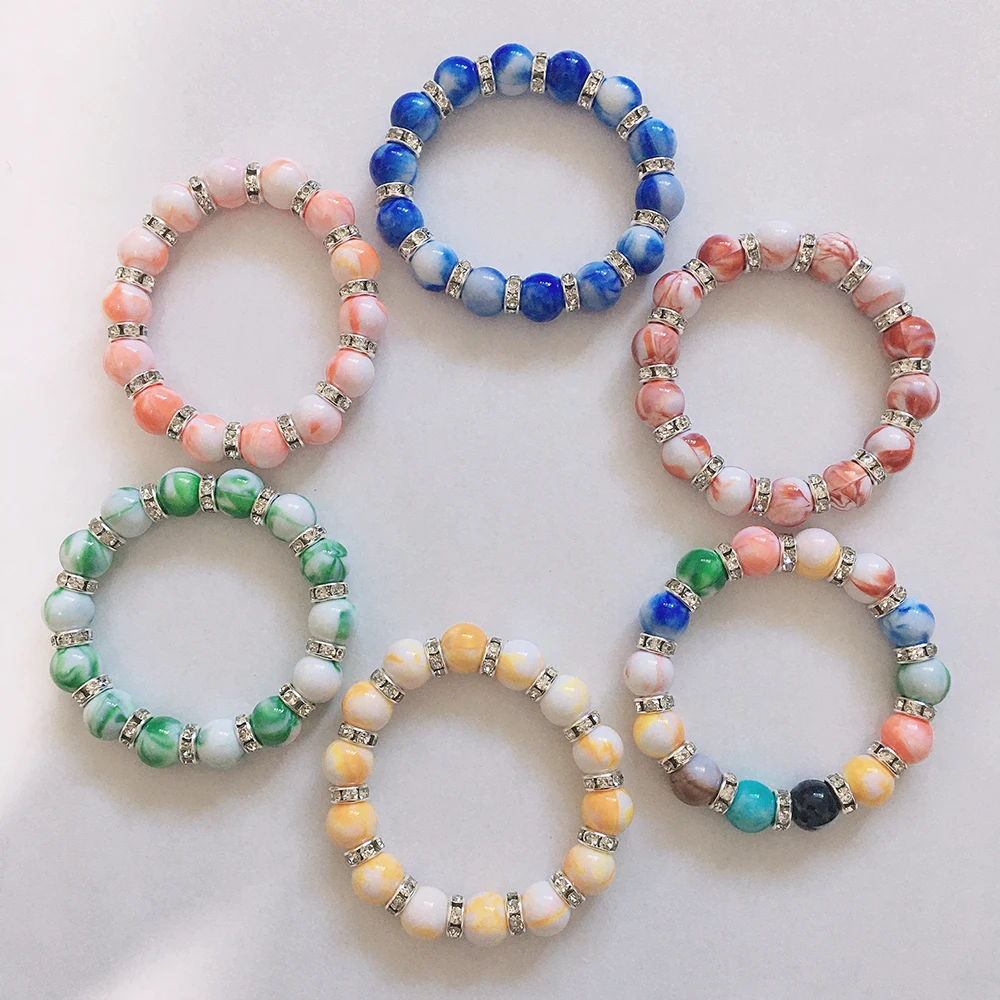 

12 Pcs/lot Girls Children Bracelet 10mm Marble Acrylic Beads Stretch Strand Wristband With Crystal Rhinestone Spacer Jewelry