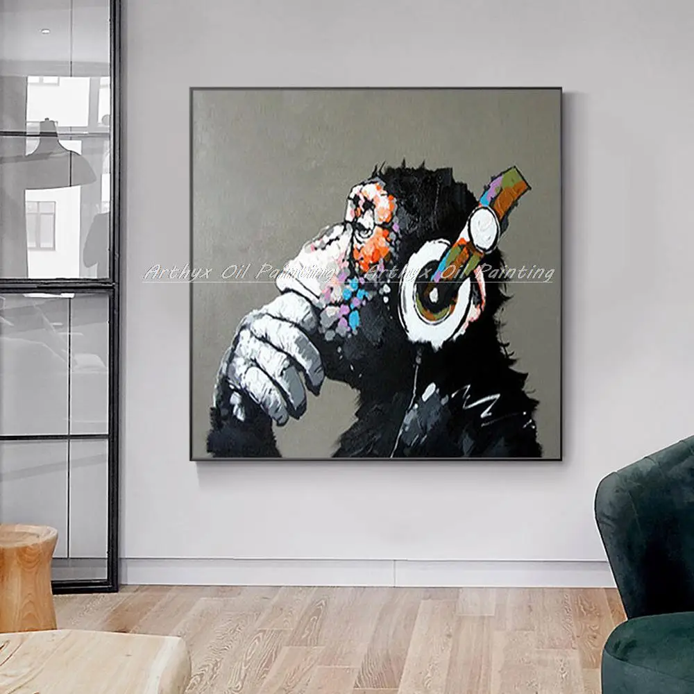 Arthyx ручная роспись Gorilla наслаждаясь музыкой животные Масляные картины на холсте