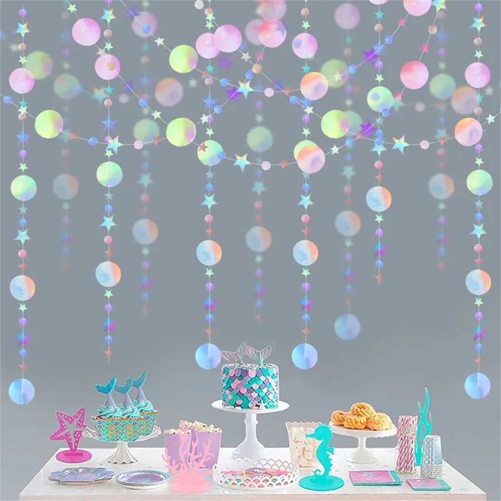 

4M Laser Mirror Paper Star Dot Garland for Wedding Kids Mermaid Birthday Party Decoration Baby Shower Christmas Hanging Banner