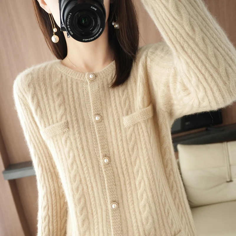 Spring Autumn Section Knitted Cashmere Wool Women's Long-Sleeved Cardigan Loose Top  Fashion Coat
