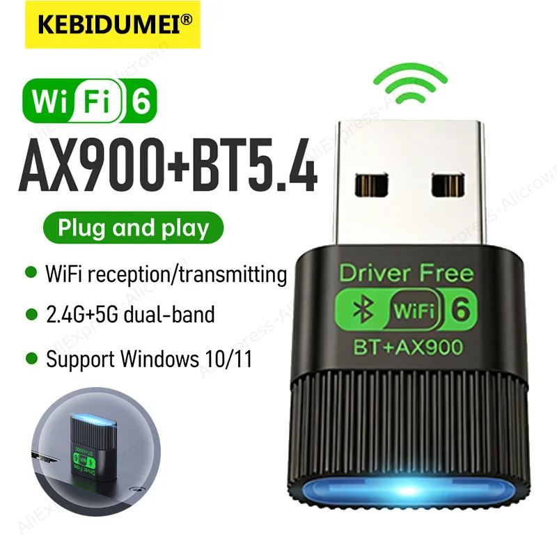 Фото KEBIDUMEI 2IN1 WIFI6 AX900 USB-карта Wi-Fi, беспроводной адаптер Bluetooth 5,4, двухдиапазонный приемник 2,4/5 ГГц, 900 Мбит/с для Win10/11 №1
