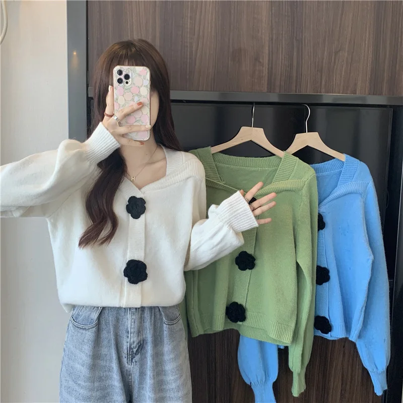 

WDMSNA Sweet Korean Chic Flower Woman Cardigans Square Neck Knit Sweater Cropped Top Autumn Long Sleeve Cardigan Women