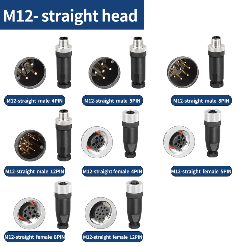 

5 PCS M12-straight head sensor connector waterproof male&female plug screw threaded coupling 3 4 5 8 12 Pin A type sensor connec