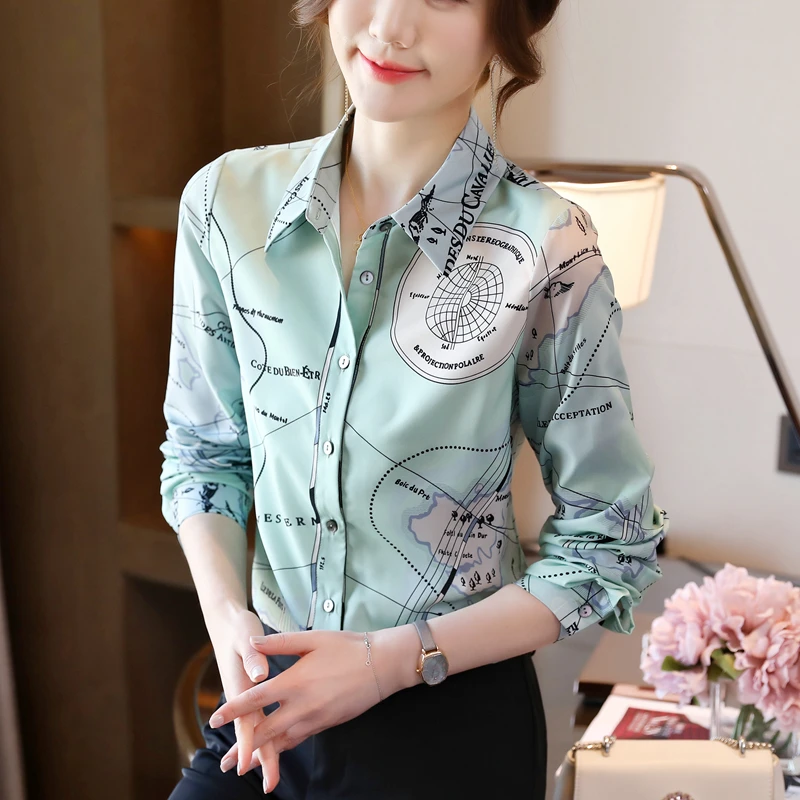 

Print Chiffon Women's Blouse Casual Polo Shirt New Summer Button Korean Loose Long Sleeve Top Clothing Lady