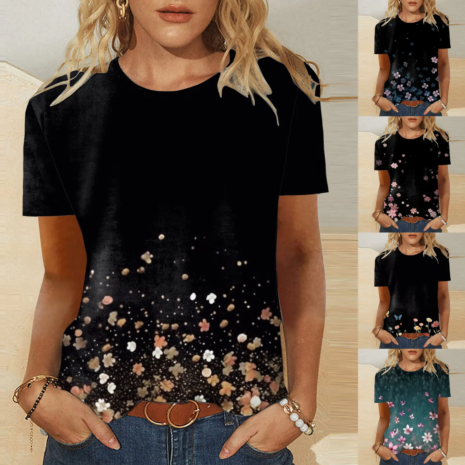 

Women Summer Tops Round Neck Short Sleeves T Shirts Casual Tunic Tops