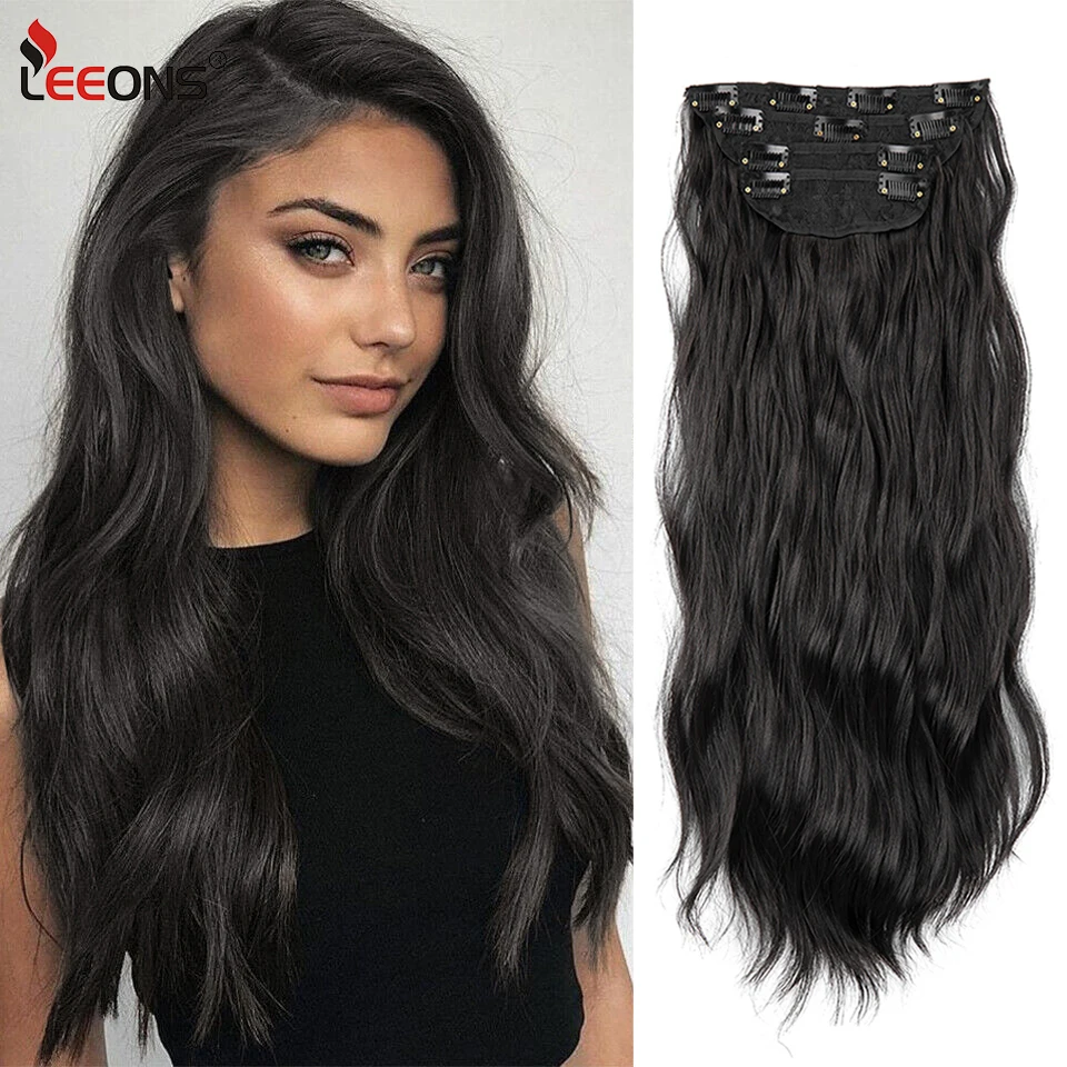 

20" 4Pcs Clip In Long Soft Waves Thick Hairpieces 200G Natural Black Hair Extensions Synthetic Fiber Double Weft Hair For Women