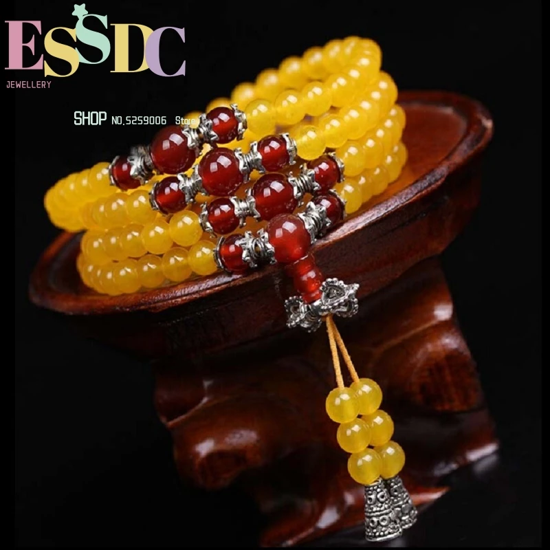 

New Brazil Natural Yellow Onyx 108 Mala Beads Bracelet Female Chalcedony Crystal Multi Circles Hand String Dropshipping