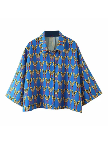 Женская короткая блузка с принтом птиц, повседневная элегантная однобортная Свободная рубашка с коротким рукавом, лето 2020