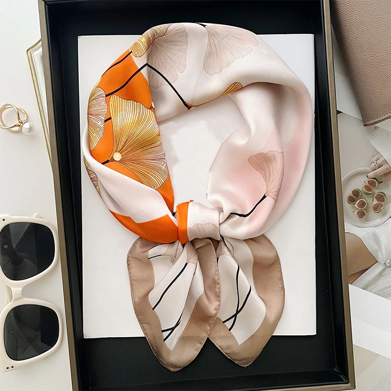 Шелковый Шарф 70 См Для Женщин С Принтом Листьев Гинкго Свежий Геометрический