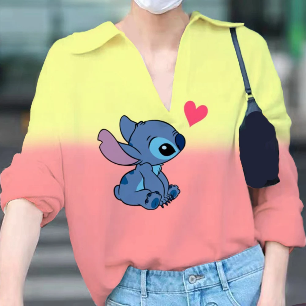 

Новинка, осенняя модная блузка с длинным рукавом, Стич, 2022, Сексуальная рубашка поло с Минни, Футболка Kpop Disney, летняя футболка с V-образным выр...