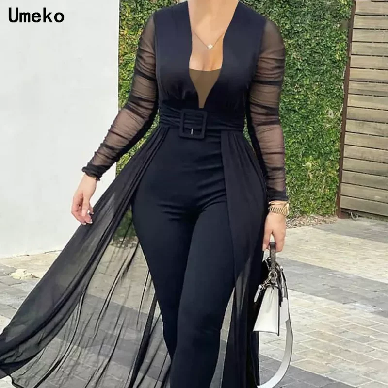 

Women Solid Color V-neck Belted Jumpsuits Skinny Rompers See Through Transparent Long Sleeve Sexy Plus Size Bodysuit Overall