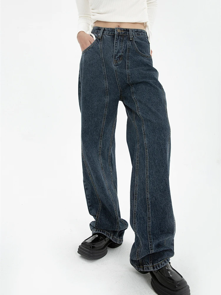 

Womens Jeans High Waist Vintage Straight Baggy Denim Pants Streetwear American Style Fashion Dark Blue Wide Leg Denim Trouser