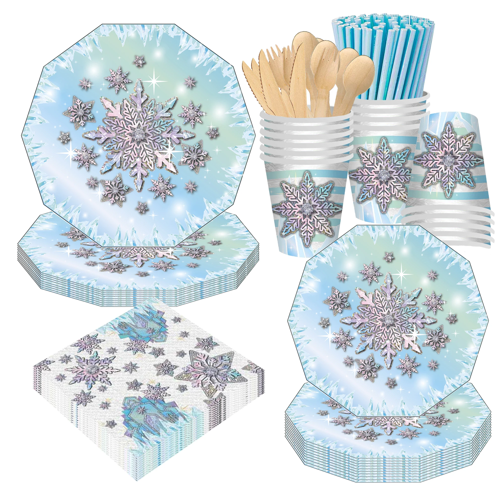 

New Frozen Party Decor Snowflake Theme Disposable Tableware Sets Paper Plate Straw Napkins Merry Christmas Decorations for Home